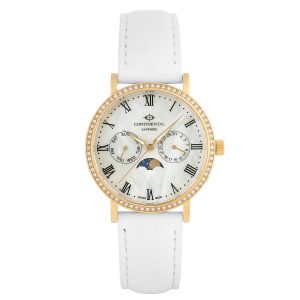 Continental Ladies Moonphase Watch 19501-LM257511 - front view Ladies Stainless Steel Watch Luxury Watches For Ladies Swiss Made Luxury Watch White Mother Of Pearl Dial