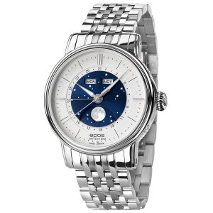 The EPOS 'Big Moon - Classic' Gents Automatic Moonphase Watch 3439.322.20.18.30 is a Swiss Made Luxury Watch, Men's Stainless Steel Watch & Men's Elegant Dress Watch with an Automatic Movement - front view