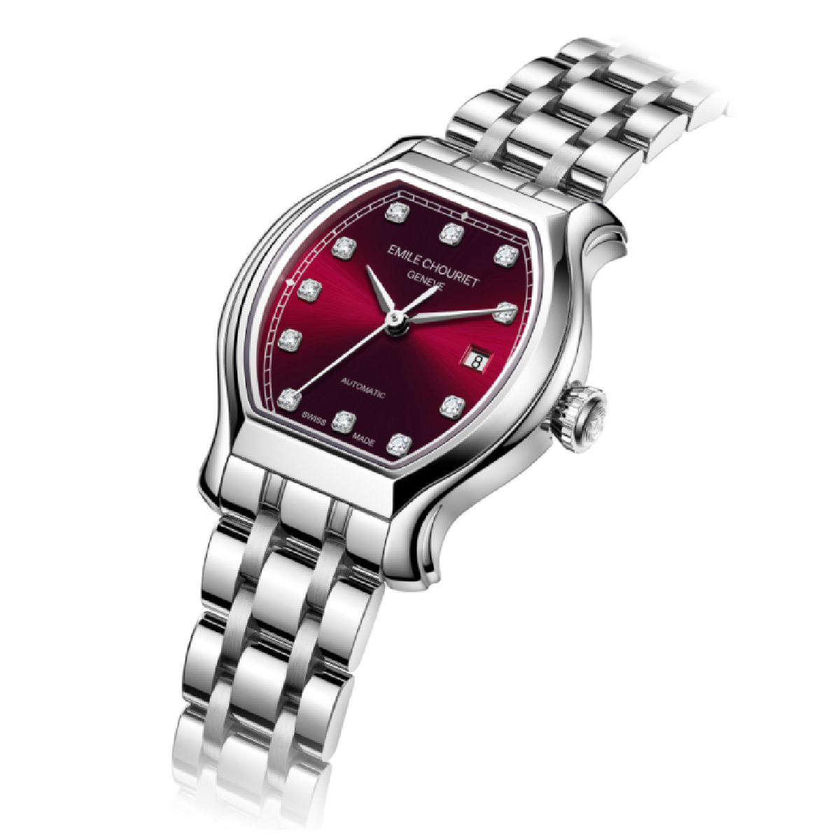EMILE-CHOURIET Contemporary Luxury Elegant Ladies Red Dial Stainless Steel Bracelet Automatic Diamond Dress Watch 19.1136.L.6.6.17.6