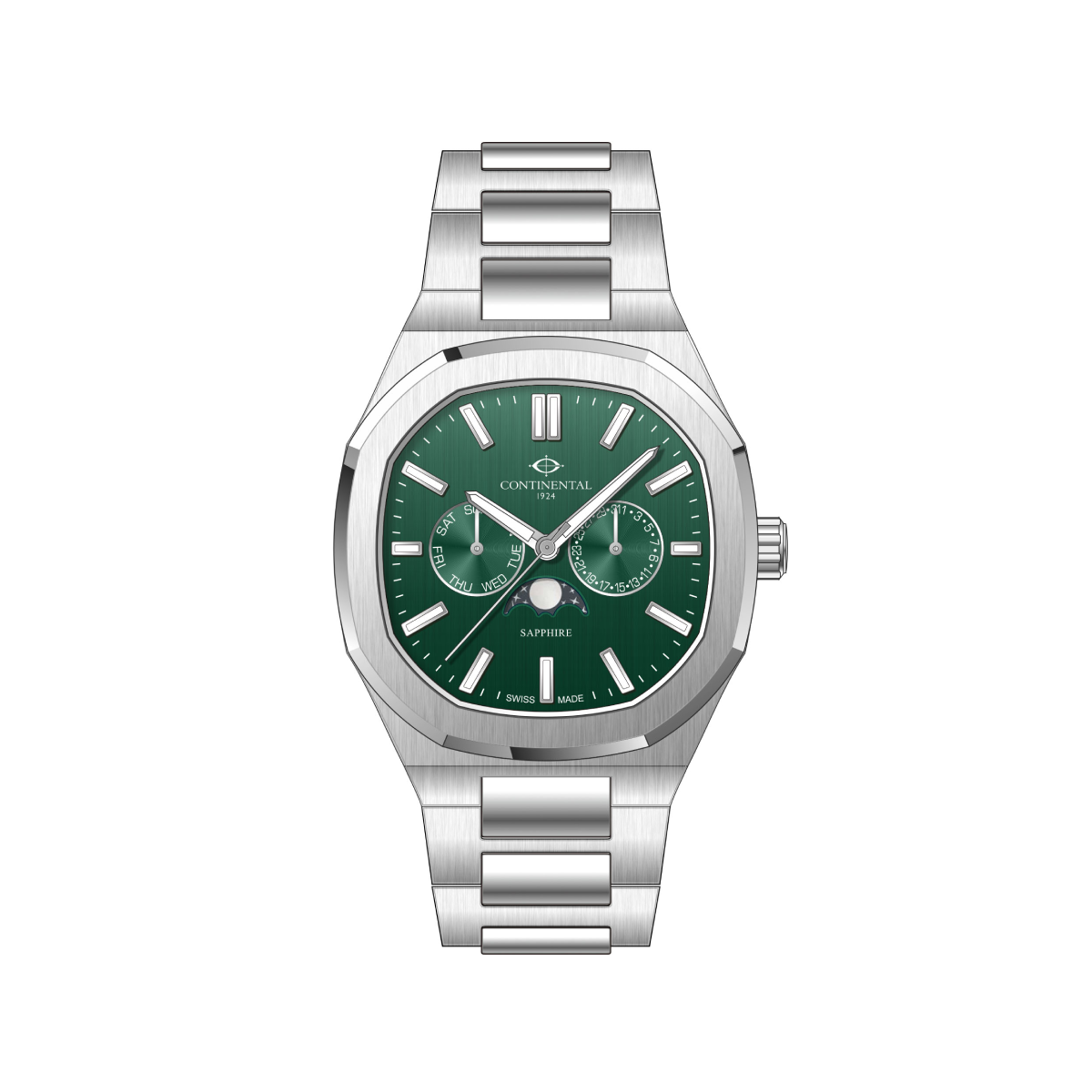 CONTINENTAL Gent's Green Dial Stainless Steel Bracelet Moon Phase Watch 23501.GM101950 Swiss Made Luxury Watch Men’s Stainless Steel Watch Green Dial Watch