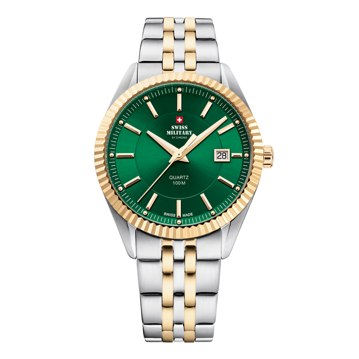 SWISS MILITARY Men's Watch SM34065.10 Swiss Made Luxury Watch, Two Tone Yellow Gold Fashion Watch Green Dial Sports Watch Accurate Quartz Movement.