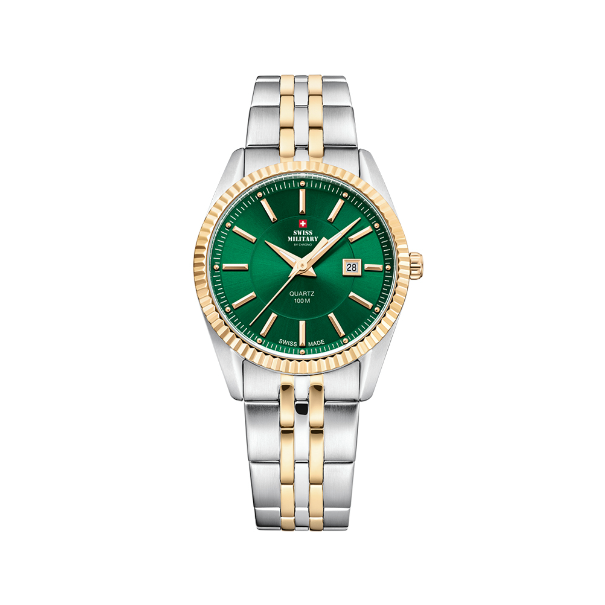SWISS MILITARY Ladies Watch SM34066.10 Swiss Made Luxury Watch, Two Tone Yellow Gold Fashion Watch Green Dial Sports Watch Accurate Quartz Movement.