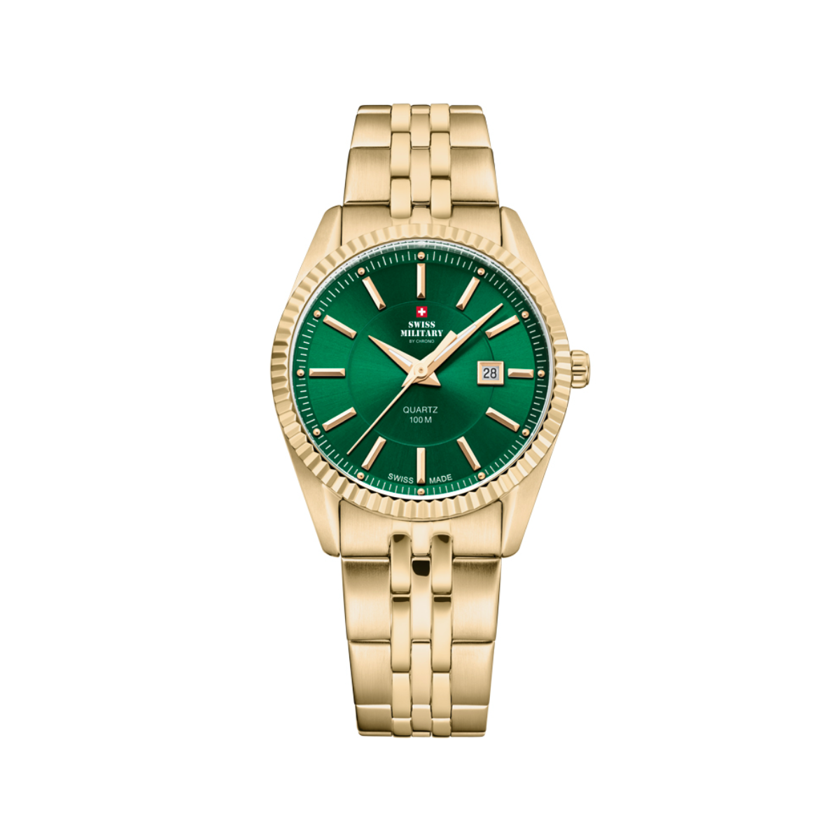 SWISS MILITARY Ladies Watch SM34066.11 Swiss Made Luxury Watch, Yellow Gold Fashion Watch Green Dial Sports Watch Accurate Quartz Movement.