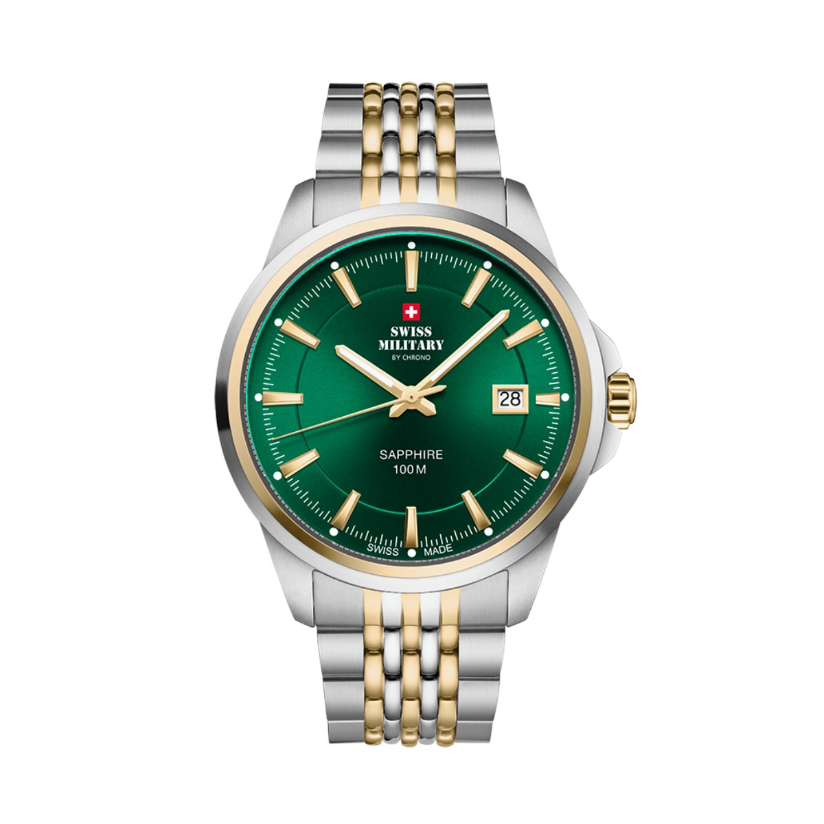 SWISS MILITARY Men's Watch SM34104.06 Swiss Made Luxury Watch, Two Tone Yellow Gold Fashion Watch Green Dial Sports Watch Accurate Quartz Movement.